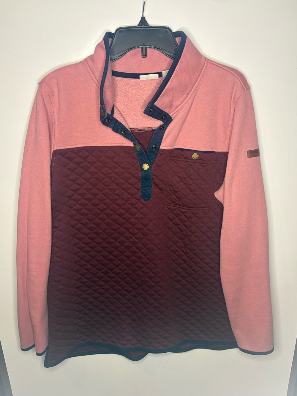 L.L. Bean Quilted Burgundy Body Pink Sleeves Pullover